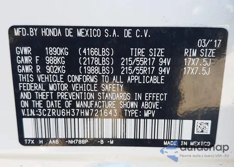 2017 Honda Hr-V Lx z USA, uszkodzony, nr VIN 3CZRU6H37HM721643